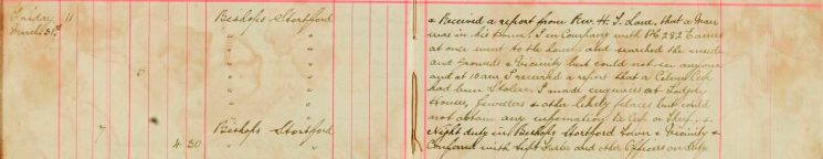 Received a report from Rev J H Lane, that a man was in his house,