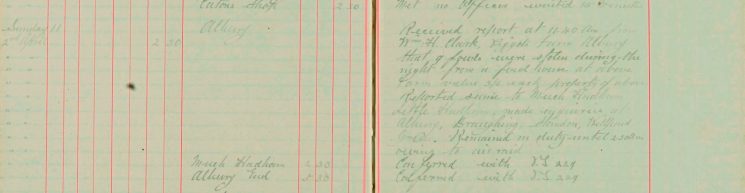 Received a report at from Wm H Clark, Albury that 9 fowls were stolen during the night from a fowl house. Remained on duty until 2.30am owing to Air Raid